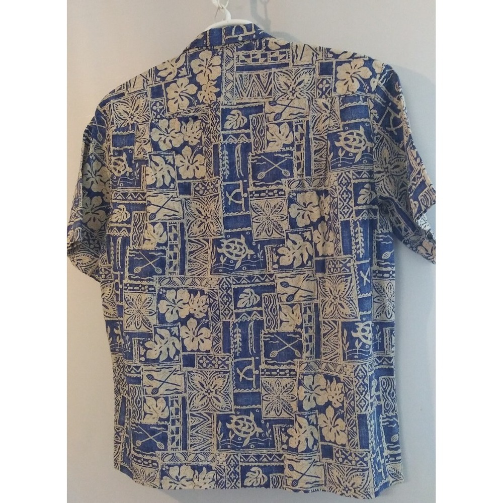 Ho Aloha Vintage Mens Large Cotton Hibiscus Hawaiian Shirt Tan Blue